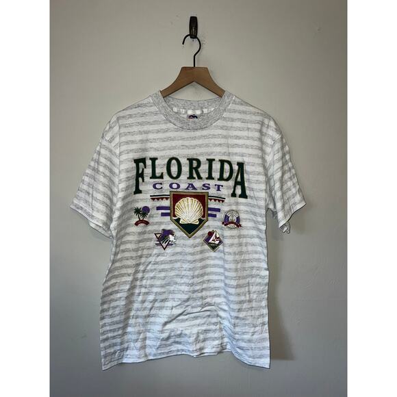Vintage Florida Shirt Coast FL Sailor Club Gray White Striped Tee VTG 90s Large - Picture 1 of 13